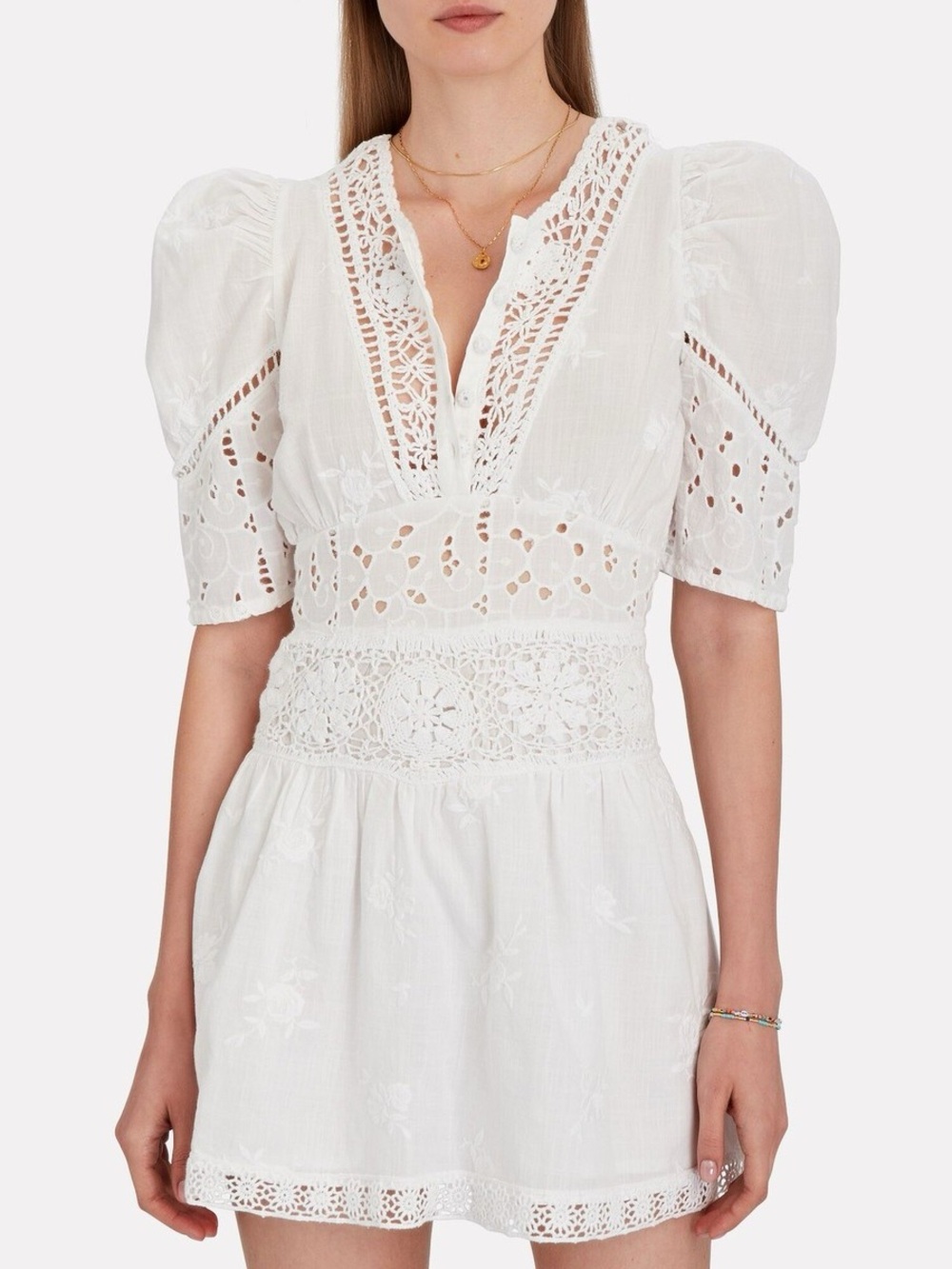 LoveShackFancy Divine Crochet Cotton Voile White Eyelet Lace Mini Dress